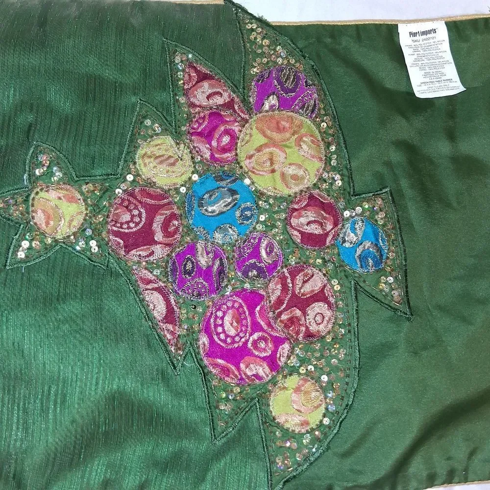 Pier 1 Imports Green Christmas Tree Embellished Table Runner